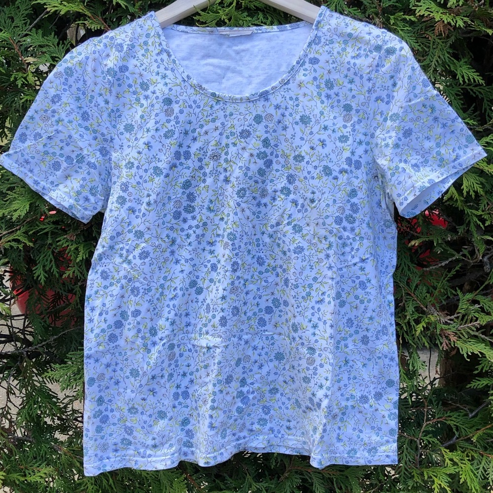 Vintage green + light blue + white Floral tee